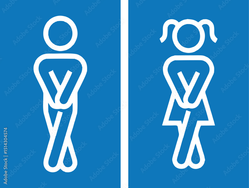 Obraz premium The image shows two stick figures (a boy and a girl) standing with crossed legs and hands in front, both clearly needing to use the restroom urgently