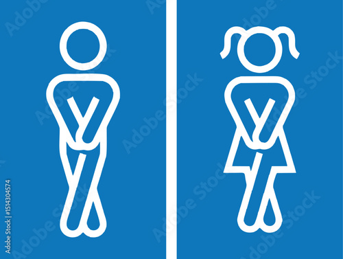 The image shows two stick figures (a boy and a girl) standing with crossed legs and hands in front, both clearly needing to use the restroom urgently