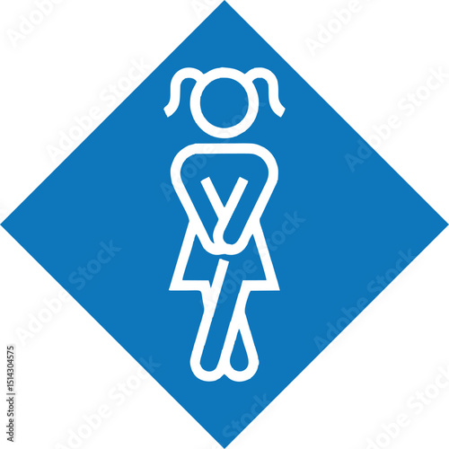 The image shows a female stick figure with pigtails and a skirt, standing with crossed legs and hands in front, indicating the urgent need to go to the restroom