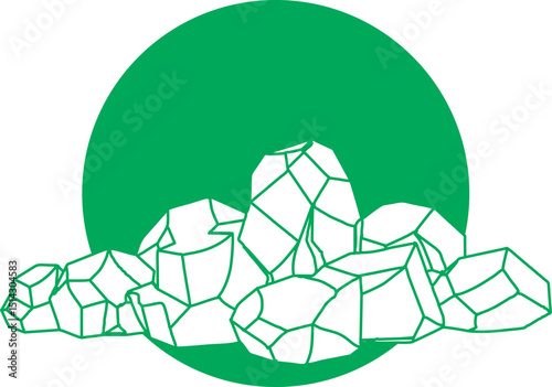 The image displays a pile of geometric rocks over a green circle background, representing natural stone materials or environmental symbolism