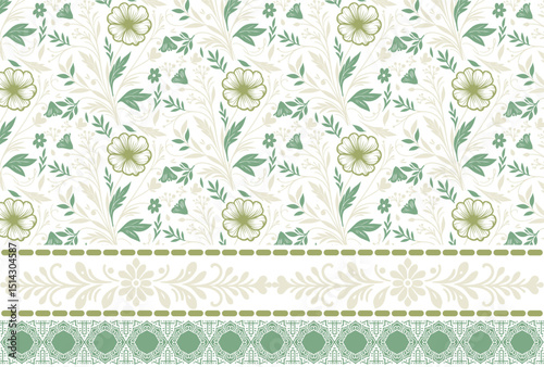 one line cotton flower, abstract floral sketch pattern, trendy textile with border, stylish seamless nature print, hand drawn fashion fabric

