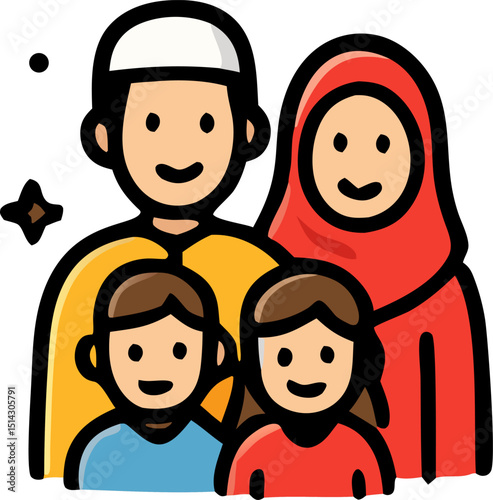 Muslim family with two children, showcasing diversity, love, and family bond. Ideal for advertising, social media, and cultural diversity concepts.