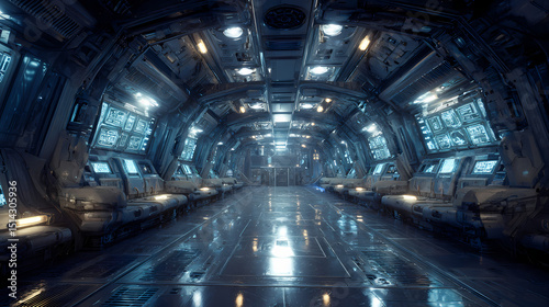 Fototapeta Naklejka Na Ścianę i Meble -  retro advertisement for interstellar tourism | man-and-machine unity | mission-focused calm | deep blues and silver | central spacecraft framing | control panel arrays | metallic surface glow |