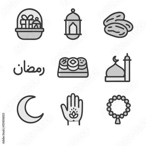 Ramadan icons suitable for social media posts, website banners, and promotional materials during the Islamic holy month. Symbolic Islamic decorations.