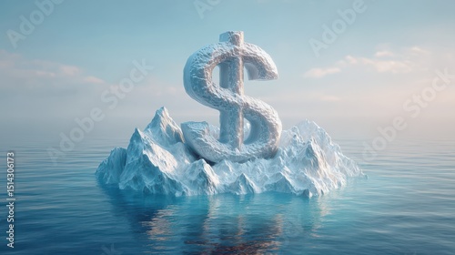Economic risk concept. A giant ice sculpture shaped like a dollar sign rises from an iceberg in the middle of a calm ocean under a clear sky.