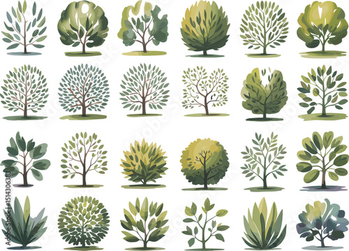 Twenty Unique Tree Vector Illustrations - Isolated Nature Elements for Landscaping, Eco-Friendly Designs, and Environmental Projects - Adobe Stock SEO Optimized flat vector illustration