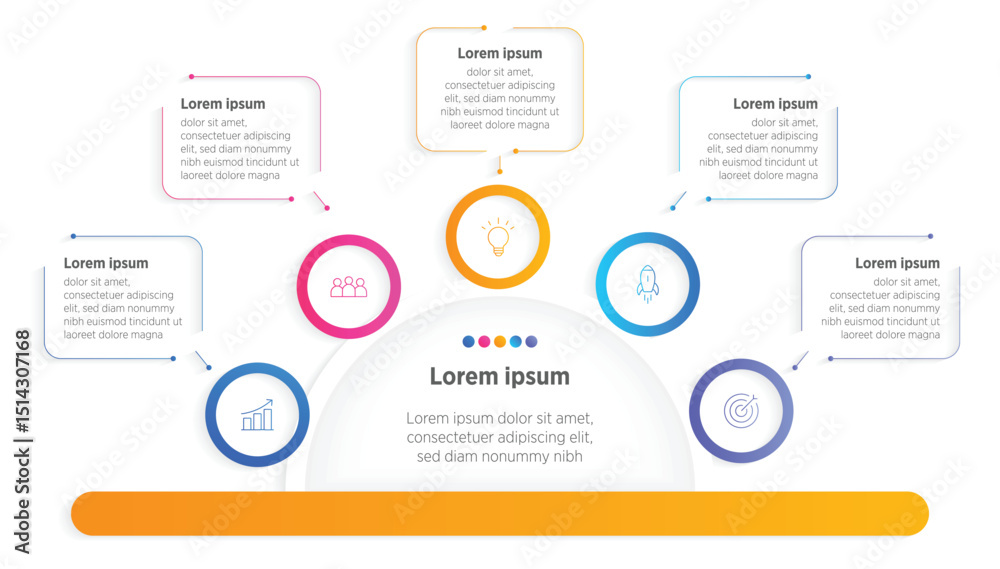 Modern Horizontal progress bar featuring 5 shaped elements, symbolizing the five stages of business strategy and progression. Clean timeline infographic design template. Vector for presentation
