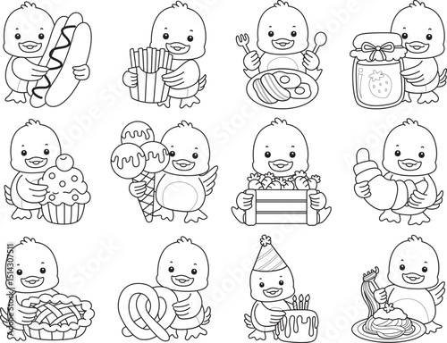 Lineart of Cute Duck icon. Outline of Funny baby Duck animal series stock illustration. life of fluffy Duck designs.