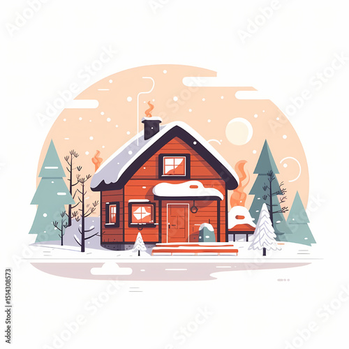 Cozy Cabin in Snowy Forest, Digital Illustration, Peaceful Atmosphere, Artistic Viewpoint, Inviting Concept