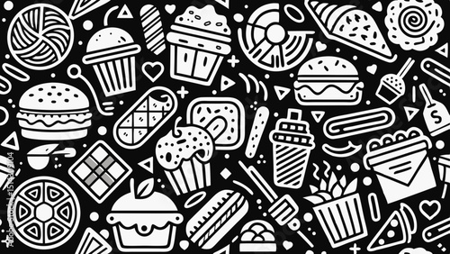 Monochrome pattern of various sweets and fast food items