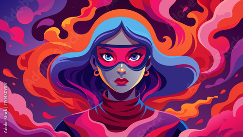 Illustration of a superhero woman with vibrant colors