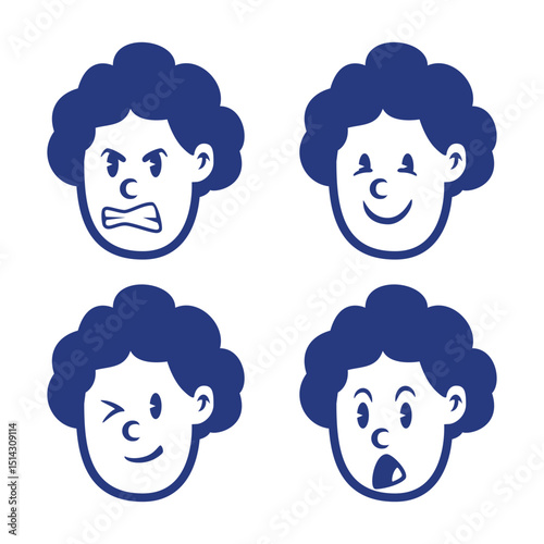 Cartoon vector of curly-haired boy with angry, happy, winking, and surprised expressions. Perfect for kid illustrations, UI stickers, emotion icons, and educational materials
