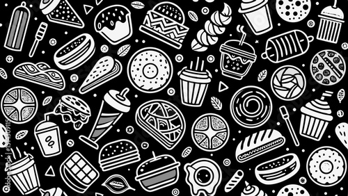 Monochrome food pattern with burgers and sweet treats