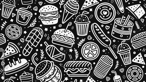 Black background with white food and drink doodles