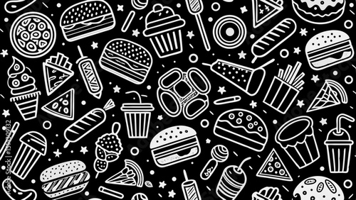 Seamless pattern with fast food icons in white outline