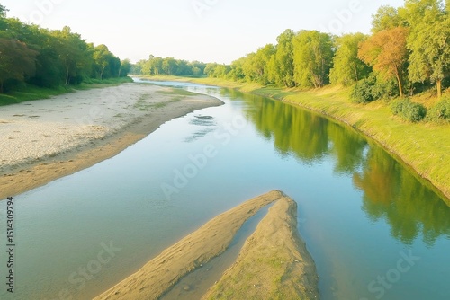 A tranquil river bends through a lush forest with golden sunlight reflecting on calm waters. Capture the essence of peace and natural beauty—download this stunning image now for timeless inspiration!
