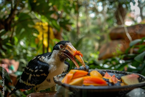 Hornbill feeding on fruit in a tropical rainforest colorful beak in high detail soft natural lighting lush green foliage in the background