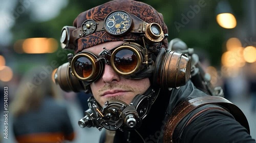 Close-up portrait of a man in steampunk attire, wearing goggles and intricate metal headgear.  Brown and bronze tones dominate. Blurry background