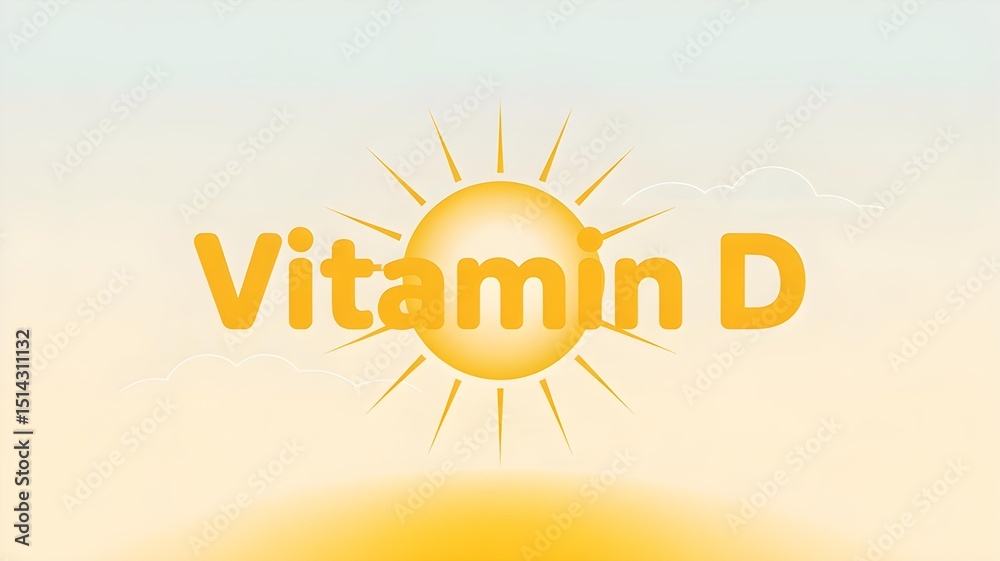 Fototapeta premium Sunshine Vitamin D Illustration with Solar Rays and Health Benefits,vitamin for bone health, immune system, and nutritional supplement benefits. Clean design representing natural vitamin D 