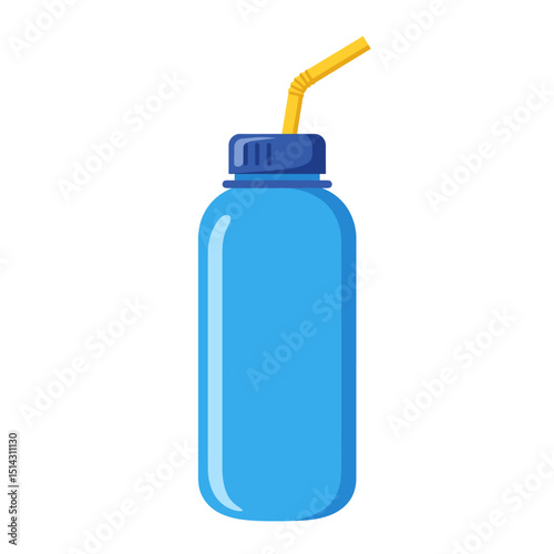 Blue Plastic Water Bottle with Straw - Hydration Design Element