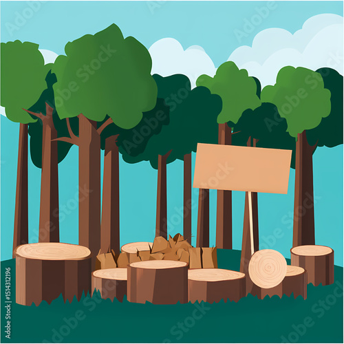 Forest Gathering: An illustration showcases a picturesque forest scene, where several tree stumps and a wooden sign board suggesting a meeting place, surrounded by tall.
