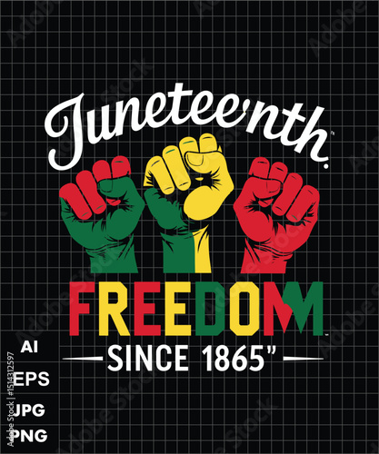 Juneteenth Celebration Design Featuring Raised Fists Symbolizing Freedom and Empowerment Since 1865.