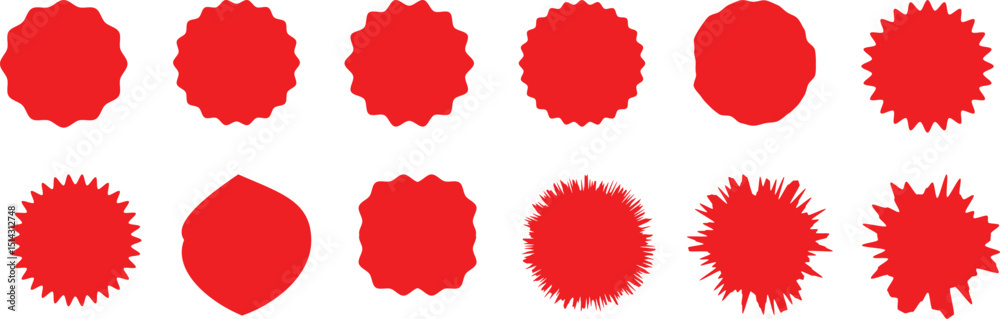 Red starburst sticker set. Special offer price tag. Price sticker, sale sticker, starburst, quality mark, retro silhouette. red badges. Star burst shape tags for price. Red sale tag.price tag, starbur
