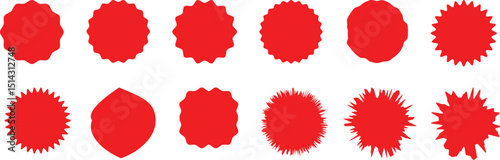 Set of circles with zigzag edges, Sunburst sticker shapes, Red. color starburst. price. Special tag. Price. sale  quality. silhouette. badges. for price. Red sale tag. price tag, star bur