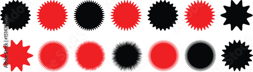 Set of price sticker and sale sticker. Price tag, starburst, quality mark, sunburst badges. Circle sticker set. Wavy edge promo red badges. Star burst shape tags for price. Red sale tag  Price sticker