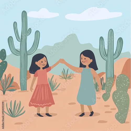 Desert Friends A heartwarming illustration of two girls joyfully holding hands amidst towering cacti and serene desert landscape, embodying friendship, nature's beauty, and the spirit of adventure.