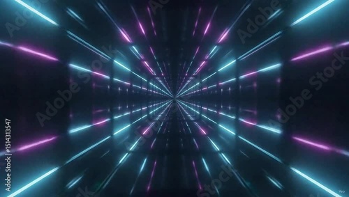 Abstract neon tunnel with blue and pink lights receding into the distance creating a futuristic vibe