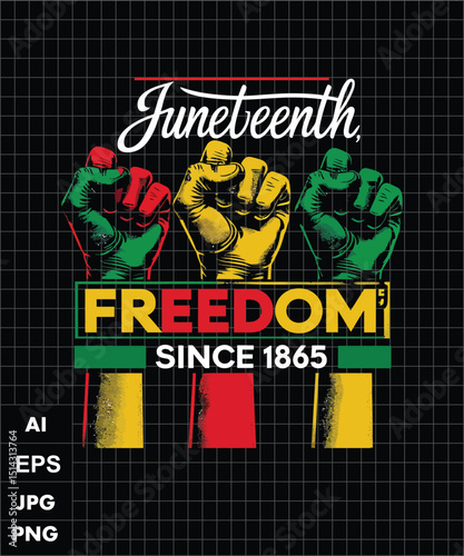 Juneteenth Freedom Celebration: Bold Black History Month Graphic with Raised Fists and Pan-African Colors.