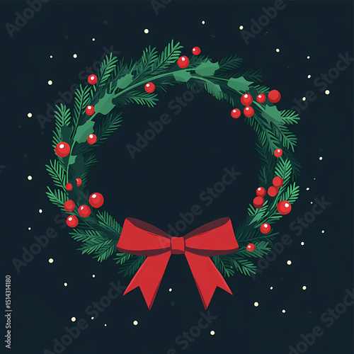 Festive Wreath and Christmas: A classic holiday wreath, bedecked with vibrant red berries and a delicate red bow, captures the timeless spirit of Christmas amid softly falling snowflakes. 