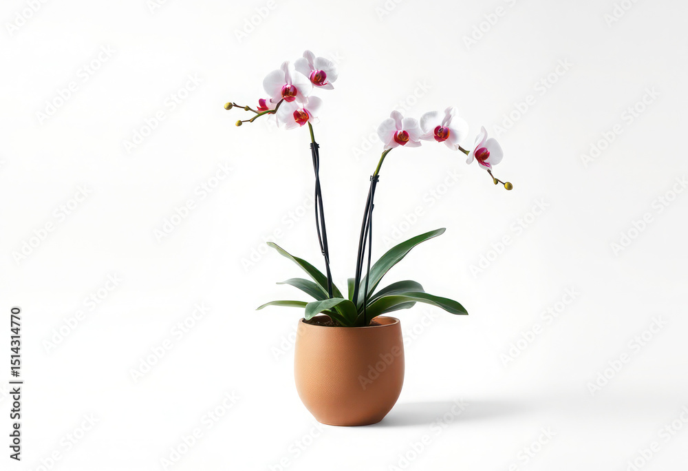 Fototapeta premium Elegant White Phalaenopsis Orchid in Terracotta Pot Indoor Plant Decor