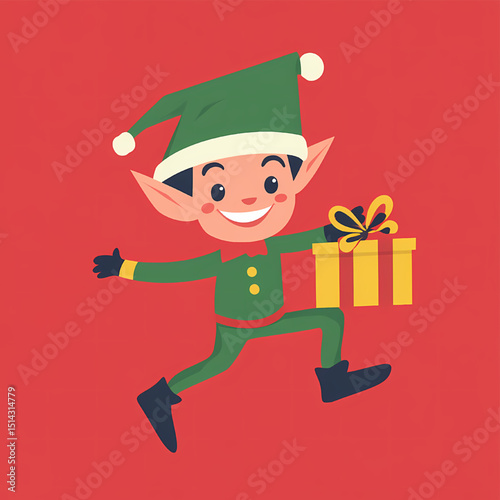 Christmas Elf: A cheerful Christmas elf joyfully carrying a beautifully wrapped present, set against a vibrant festive background that brings holiday cheer to all. 