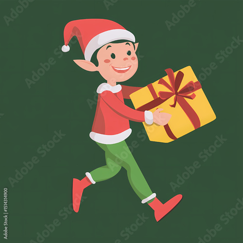 Gift-bearing Elf's Festive Cheer: A whimsical cartoon elf, adorned in a cheerful red hat and attire, merrily carries a vibrantly wrapped present against a solid, celebratory backdrop.