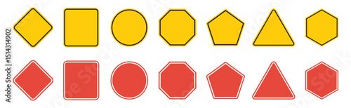 Set of road signs. Realistic yellow road sign. Road traffic signs of different shapes on metal poles vector illustration set. Empty traffic signs isolated on transparent background.