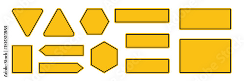 Set of different shapes Road traffic signs  on metal poles vector illustration set.  Set of road signs. Realistic yellow road sign. Empty traffic signs isolated on transparent background.