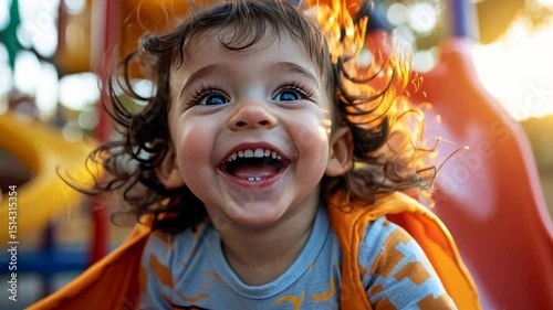 A joyful toddler with curly brown hair laughs while sliding down an orange playground slide. Warm, golden sunlight illuminates the scene