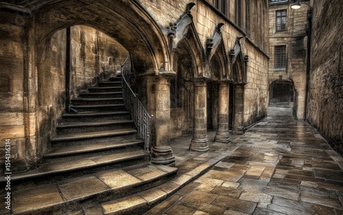 Stone alleyway with arched passage photo
