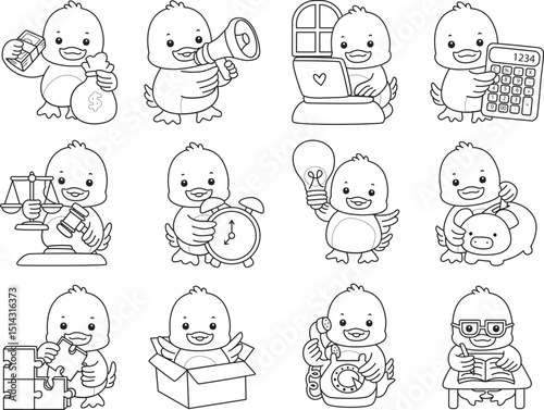 Lineart of Cute Duck icon. Outline of Funny baby Duck animal series stock illustration. life of fluffy Duck designs.
