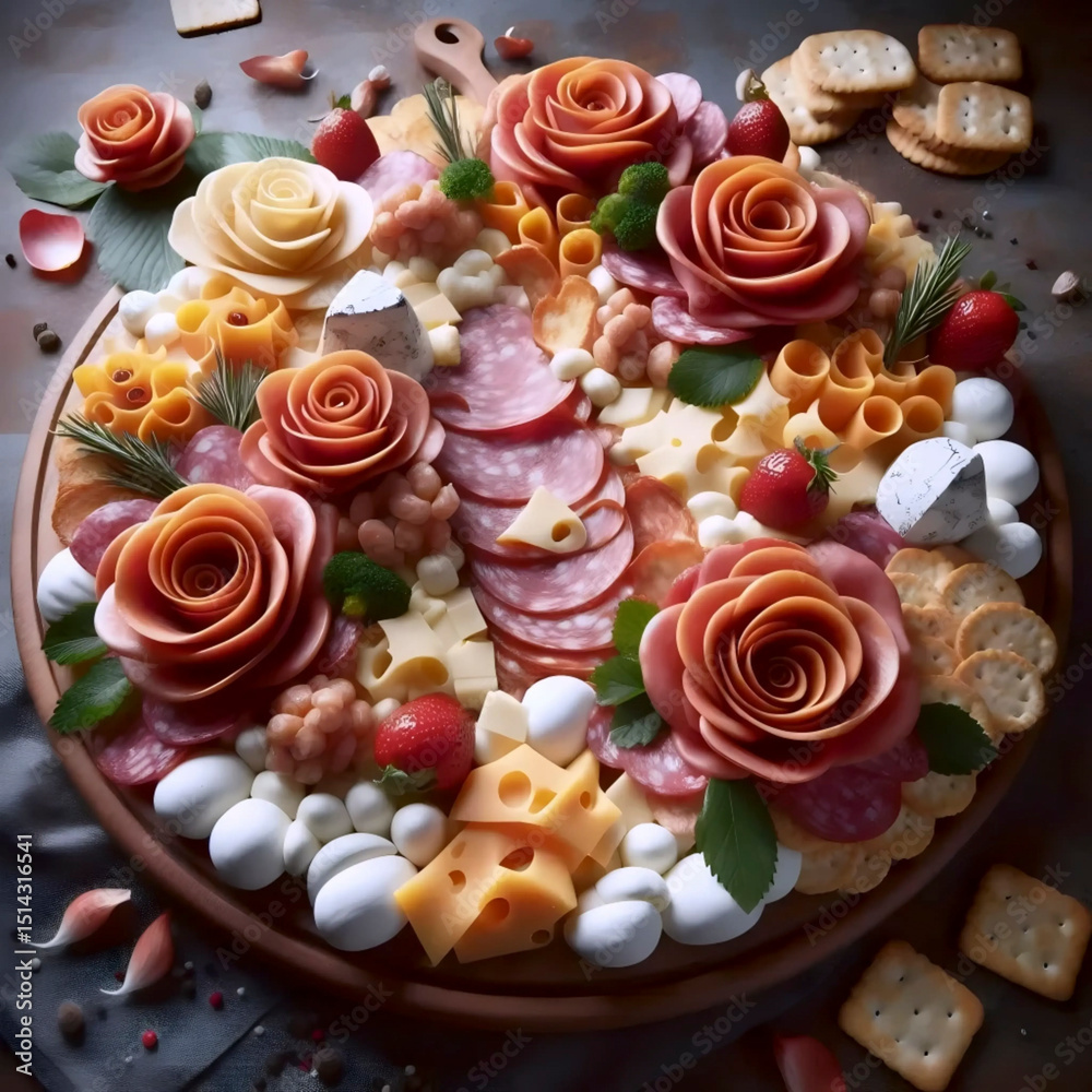 Obraz premium Artistic charcuterie board arranged to resemble a landscape with meat roses, cheese mountains and cracker pathways, Ai created image