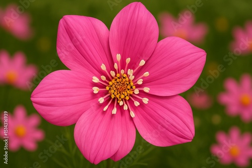 A captivating close-up of a vibrant pink flower displays a luminous yellow center, pristine white stamens, and smooth, symmetrical petals that perfectly reveal nature’s refined artistry!!!