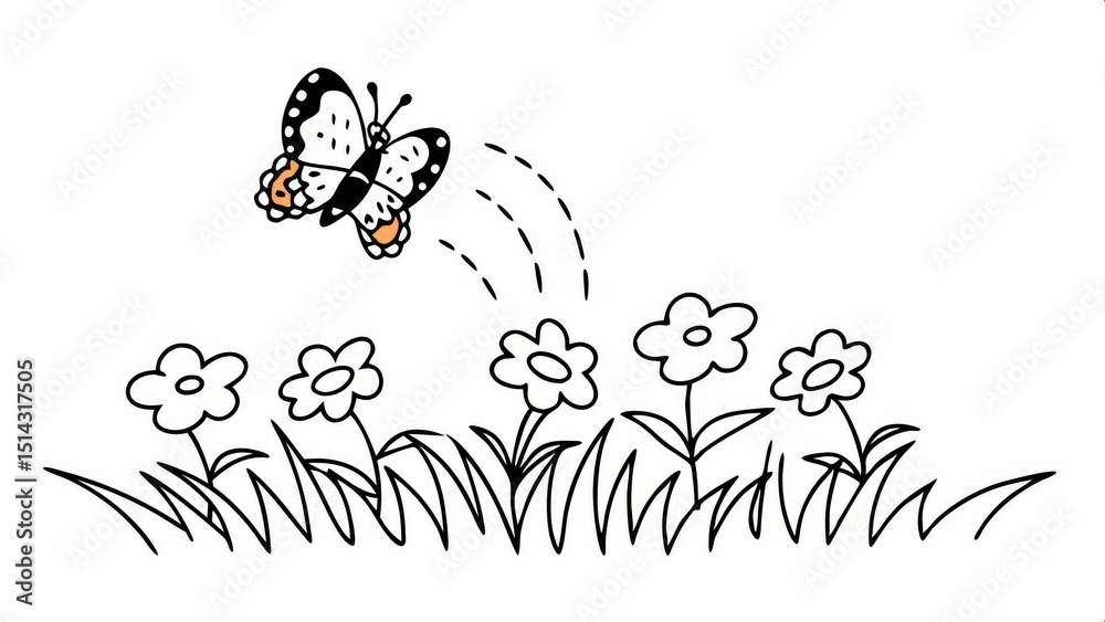 Obraz premium A butterfly flutters above blooming flowers and grass in this simple, black-and-white drawing.