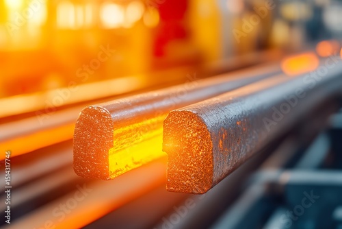 Glowing steel bars in factory setting with high heat and industrial atmosphere