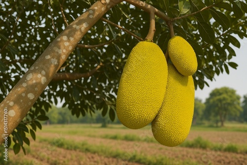 A ripe jackfruit with a large, bumpy green-yellow exterior. Its fibrous, golden flesh is exposed, showing multiple plump, juicy pods inside. The texture is rich, and the fruit looks fresh and sweet.