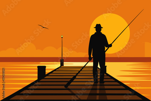silhouette of a fisherman on the pier