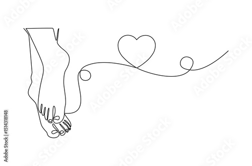 Continuous one line drawing of Female feet pedicure with love signs. Single line drawing illustration of Woman legs of for beauty. Love and foot care concept vector art. Doodle line illustration.