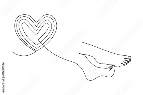 Continuous one line drawing of Female feet pedicure with love signs. Single line drawing illustration of Woman legs of for beauty. Love and foot care concept vector art. Doodle line illustration.