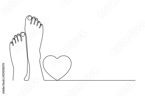 Continuous one line drawing of Female feet pedicure with love signs. Single line drawing illustration of Woman legs of for beauty. Love and foot care concept vector art. Doodle line illustration.